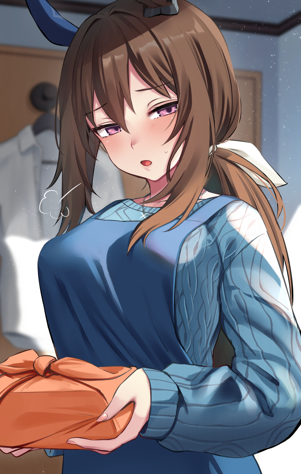 1girl, =3, admire_vega_(umamusume), animal_ears, apron, aran_sweater, az_nyam, bangs