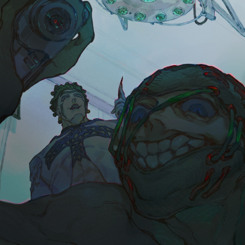 2boys, blue_eyes, bodysuit, cioccolata, facial_mark, green_hair, grin, jojo_no_kimyou_na_bouken