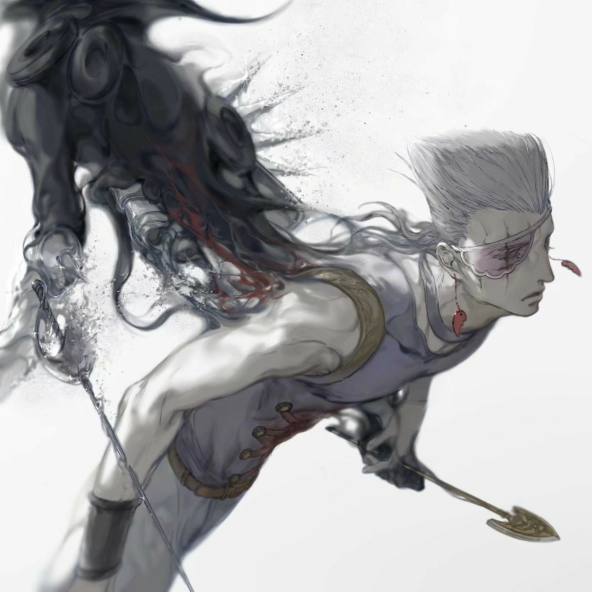 2boys, bare_shoulders, blood, chariot_requiem, earrings, eyepatch, flattop, grey_hair