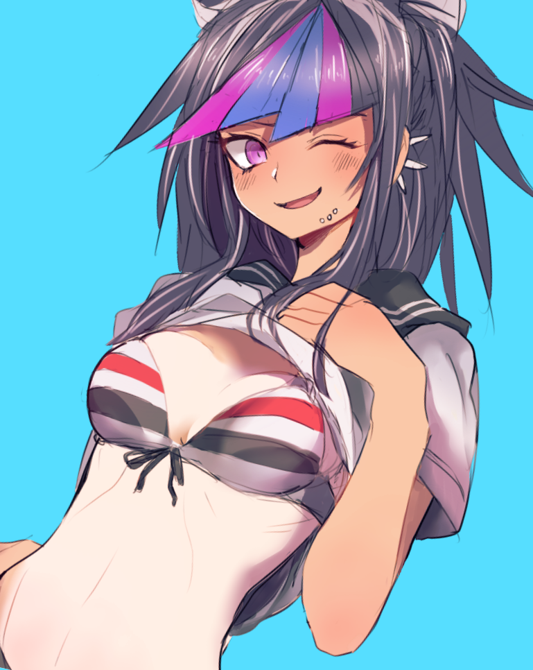 1girl, bangs, bikini, black_hair, blue_background, blue_hair, blush, breasts