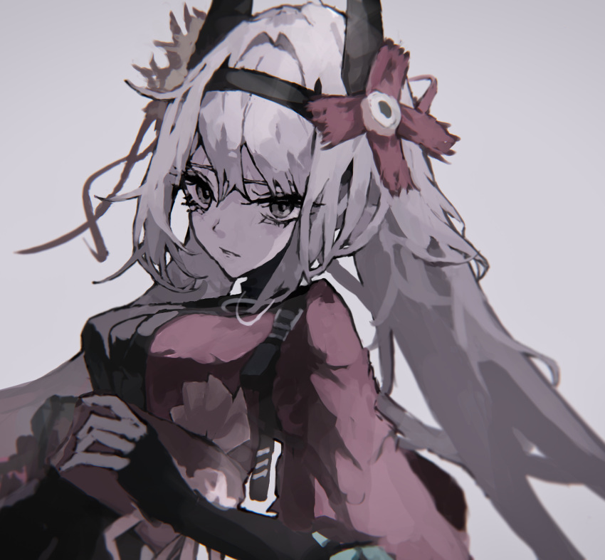 1girl, aovo_a, bangs, breasts, green_eyes, hair_between_eyes, hair_ornament, highres, long_hair, looking_at_viewer, lucia_(punishing:_gray_raven), lucia_s_crimson_abyss, medium_breasts, punishing:_gray_raven, simple_background, white_hair