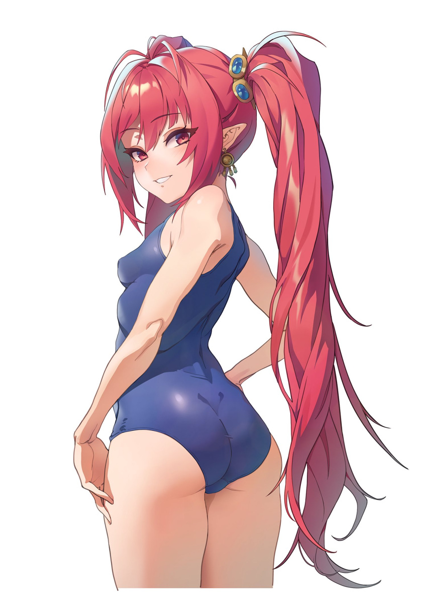 1girl, ass, bangs, blue_swimsuit, blush, breasts, covered_nipples, earrings, eyebrows_visible_through_hair, from_behind, hair_between_eyes, hair_ornament, head_tilt, highres, jewelry, long_hair, one-piece_swimsuit, original, parted_lips, pointy_ears, red_eyes, simple_background, small_breasts, solo, swimsuit, twintails, very_long_hair, white_background, zzzearly