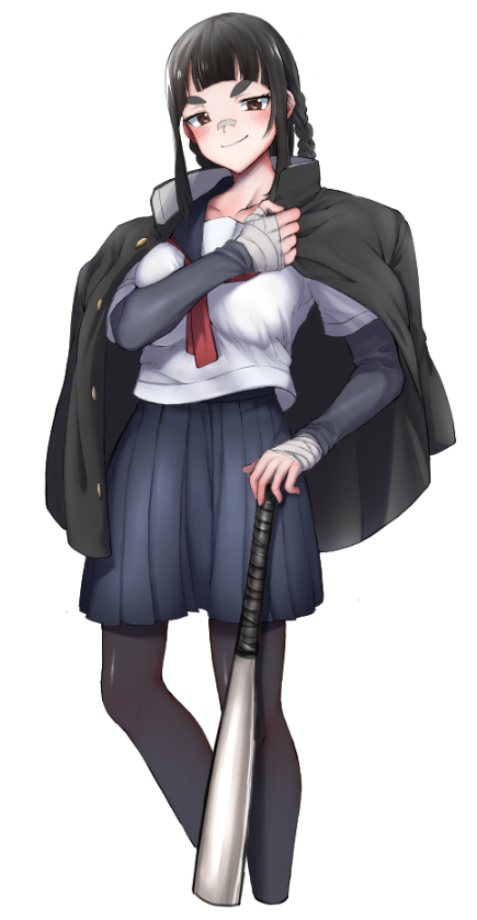 1girl, bandaged_arm, bandages, bandaid, bandaid_on_nose, bangs, baseball_bat, black_jacket