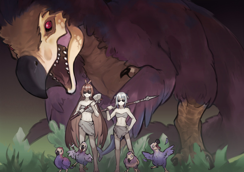 absurdres, ark_survival_evolved, axe, bangs, blue_hair, dodo_(bird), fish_tail, gawr_gura, hair_ornament, highres, hololive, hololive_english, loincloth, looking_at_viewer, makeshift_bra, monster, multicolored_hair, nanashi_mumei, old-night, polearm, shark_tail, silver_hair, spear, streaked_hair, sunglasses, tail, teeth, virtual_youtuber, weapon