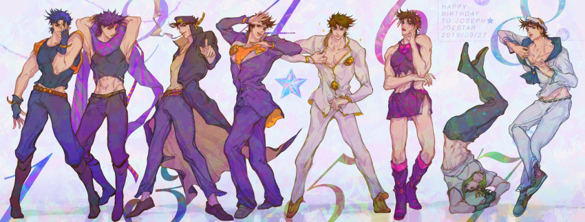 6+boys, abs, battle_tendency, blue_hair, brown_hair, cosplay, crop_top, crossdressing