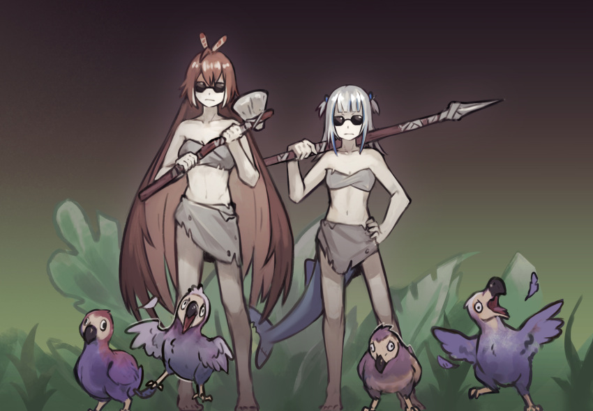 ark_survival_evolved, axe, bangs, blue_hair, dodo_(bird), fish_tail, gawr_gura, hair_ornament