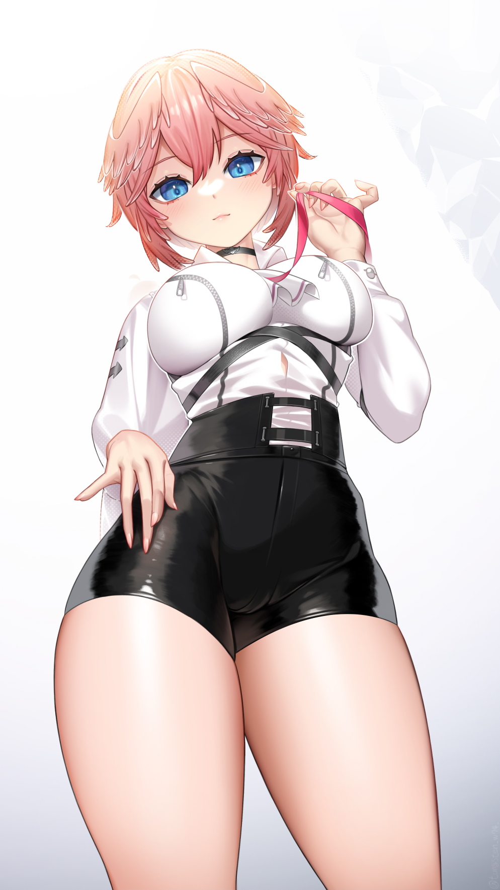 1girl, bird, bird_girl, blue_eyes, blush, breast_zipper, breasts, button_gap