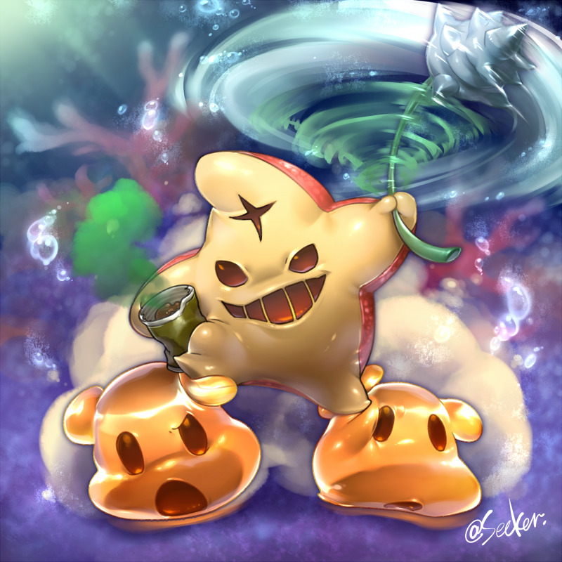 bubble, can, commentary_request, coral, creature, full_body, holding, holding_can, looking_at_viewer, no_humans, open_mouth, ragnarok_online, red_eruma, rouko_(shichizai_shichifuku), signature, siorava, slime_(creature), starfish, underwater, water