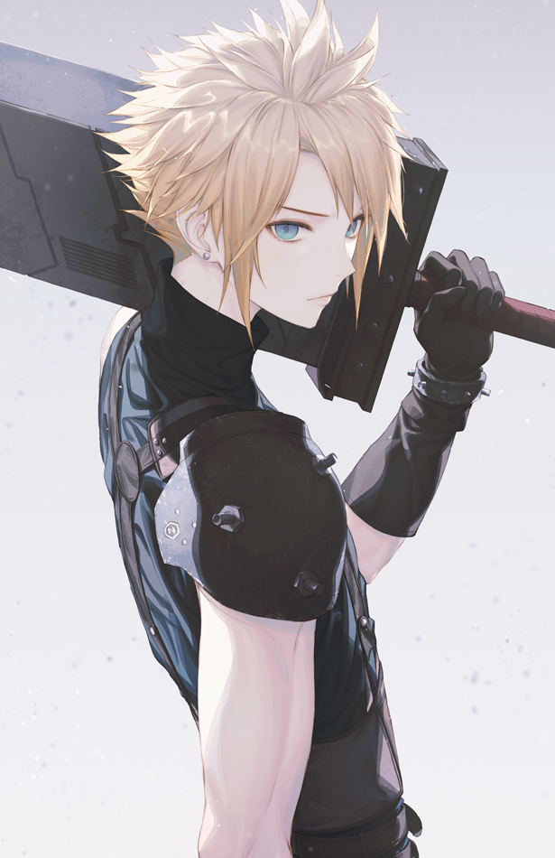 1boy, armor, bangs, black_gloves, blonde_hair, blue_eyes, buster_sword, closed_mouth