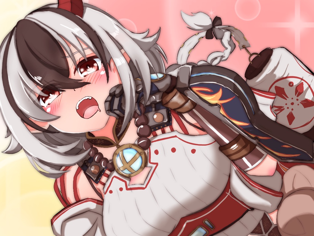 1girl, black_hair, blush, braid, braided_ponytail, breasts, chest_jewel, crossette_(xenoblade), eyebrows, eyebrows_visible_through_hair, horns, jksfs, medium_breasts, multicolored_hair, open_mouth, pointy_ears, red_eyes, solo, white_hair, xenoblade_chronicles_(series), xenoblade_chronicles_2