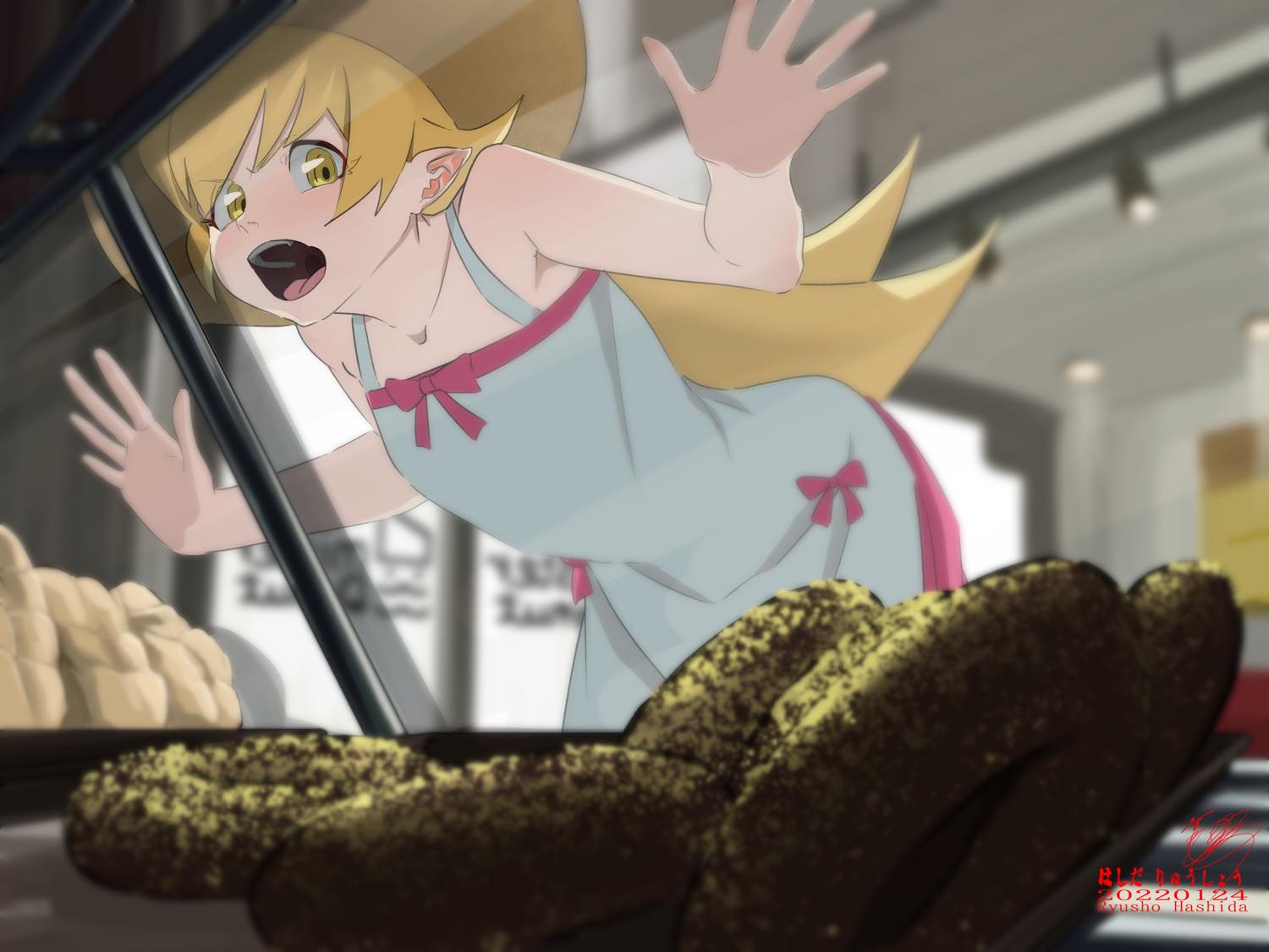 1girl, bangs, bare_shoulders, blonde_hair, blush, bow, doughnut, dress, dress_bow, fang, food, hair_between_eyes, looking_at_food, mister_donut, monogatari_(series), multicolored_clothes, multicolored_dress, open_mouth, oshino_shinobu, pointy_ears, ryusho_hashida, sleeveless, sleeveless_dress, yellow_eyes