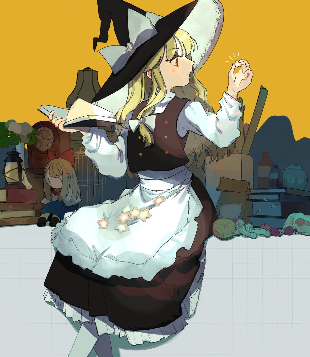 1girl, apron, bag, bangs, black_dress, black_eyes, black_headwear, blonde_hair