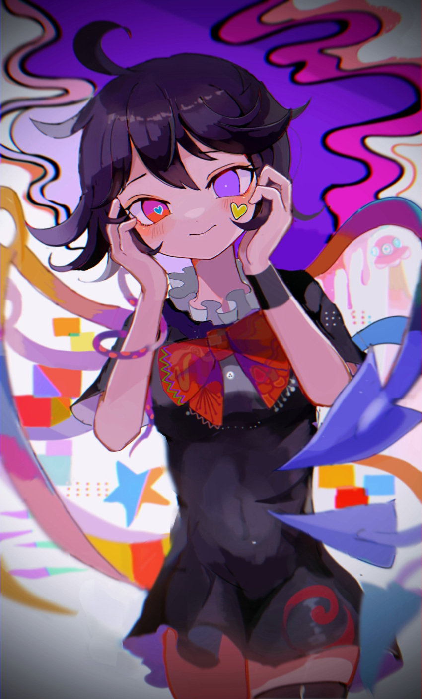 1girl, absurdres, arrow_(symbol), asymmetrical_wings, bangs, black_dress, black_hair, black_legwear, blush, bow, bowtie, breasts, buttons, closed_mouth, comkdom, dress, eyebrows_visible_through_hair, facial_tattoo, frills, gradient, gradient_background, grey_background, hair_between_eyes, hands_on_own_face, hands_up, heart, heart_tattoo, heterochromia, highres, houjuu_nue, looking_away, medium_breasts, multicolored_eyes, pink_background, pink_eyes, purple_background, red_bow, red_bowtie, red_eyes, short_hair, short_sleeves, snake, solo, square, standing, star_(symbol), tattoo, thigh-highs, touhou, ufo, violet_eyes, white_background, wings
