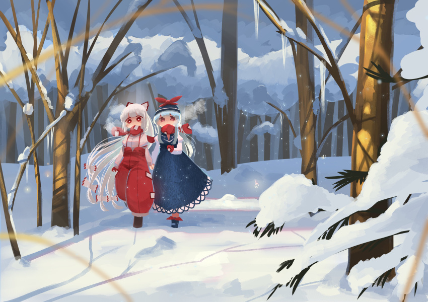 2girls, absurdres, bangs, bare_tree, blue_dress, blue_hair, blue_headwear, dress
