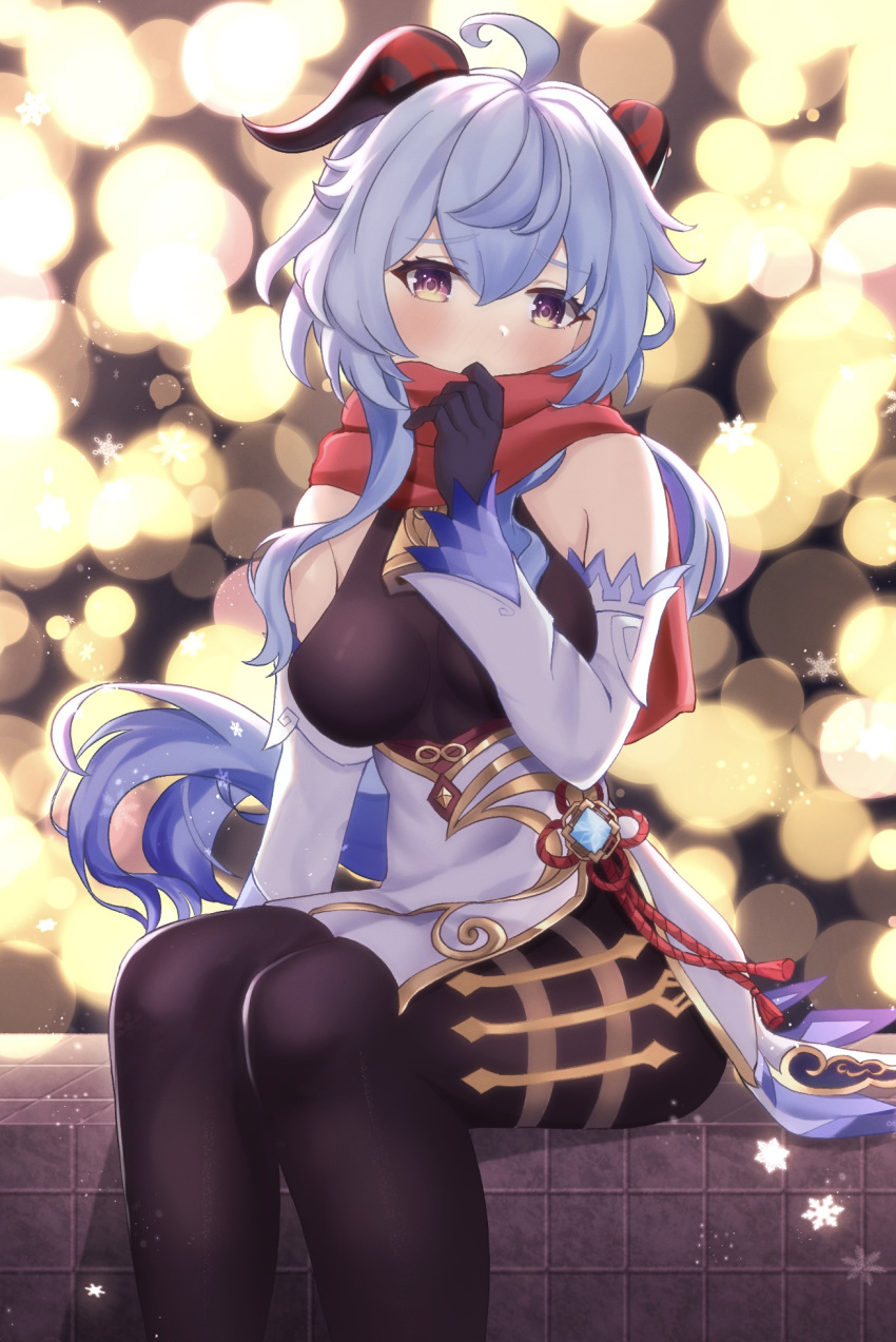 ahoge, bangs, bare_shoulders, bell, black_gloves, black_legwear, blue_hair, blush, breasts, chinese_knot, covering_mouth, detached_sleeves, eyebrows_visible_through_hair, flower_knot, ganyu_(genshin_impact), genshin_impact, gloves, gold_trim, highres, horns, long_hair, looking_at_viewer, medium_breasts, multicolored_eyes, neck_bell, red_rope, red_scarf, rope, scarf, sidelocks, sitting, snowflakes, solo, soukoku_01, tassel, thighlet, vision_(genshin_impact), white_sleeves