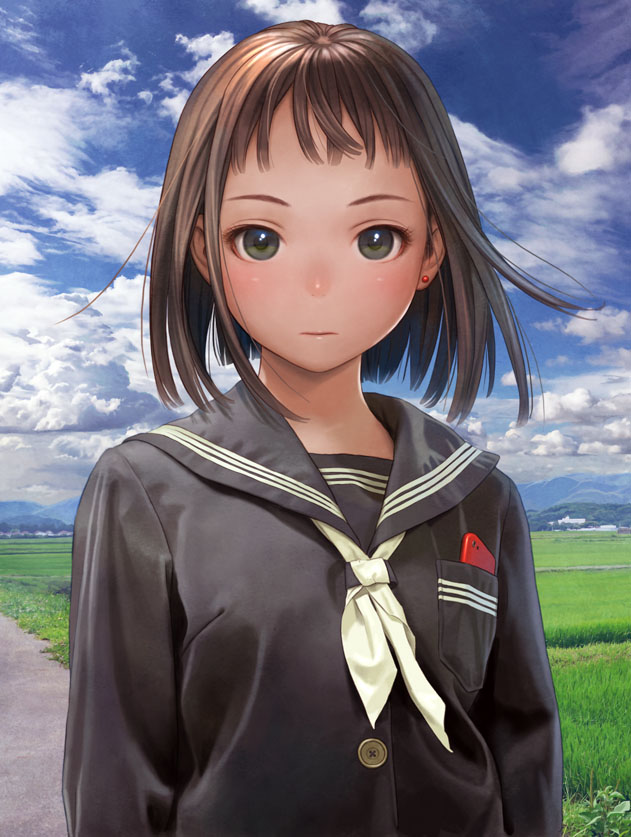 1girl, bangs, black_sailor_collar, black_serafuku, black_shirt, blue_sky, bob_cut, breast_pocket
