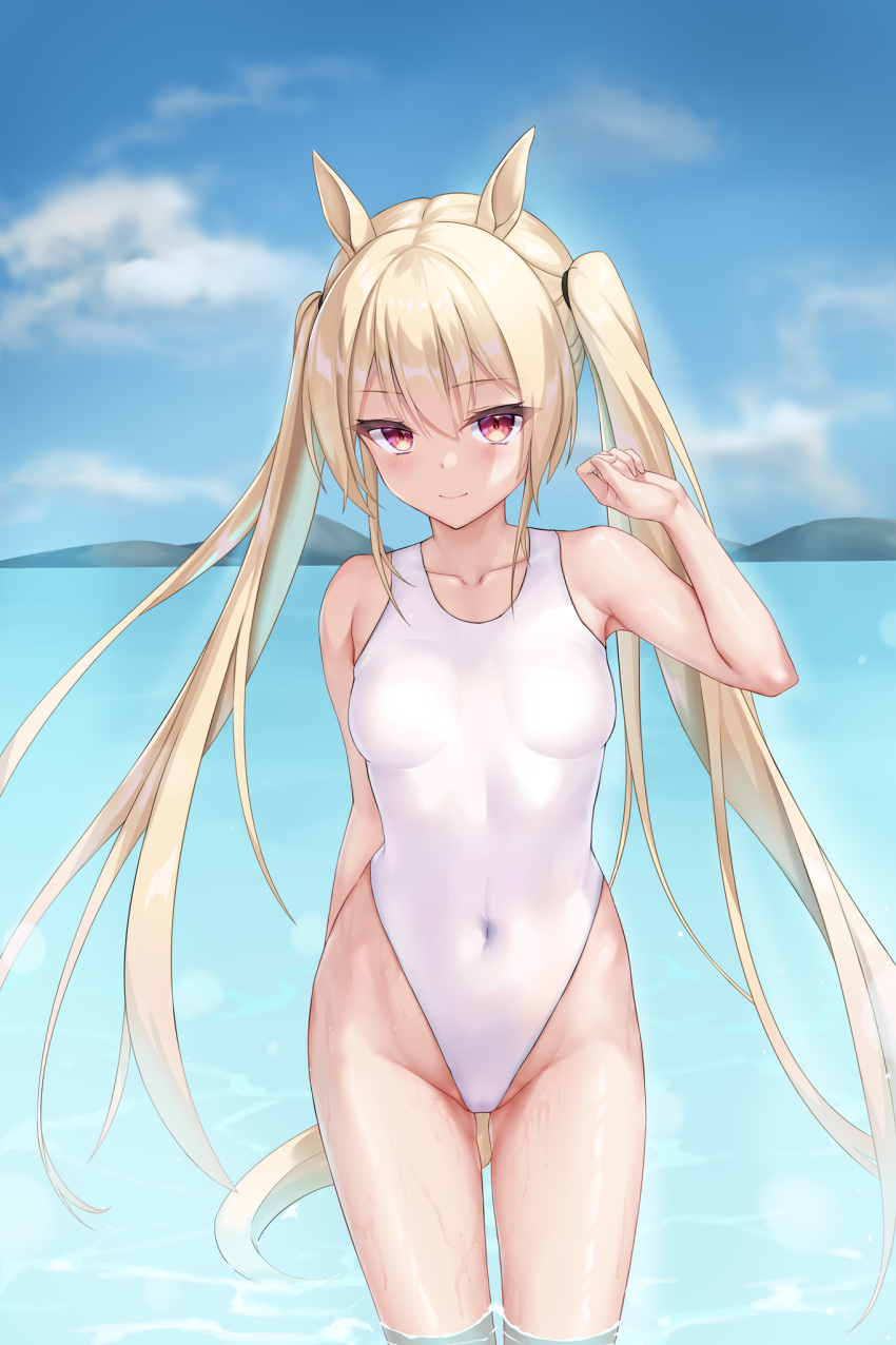 1girl, animal_ears, arm_behind_back, bangs, blonde_hair, blue_sky, blush, breasts