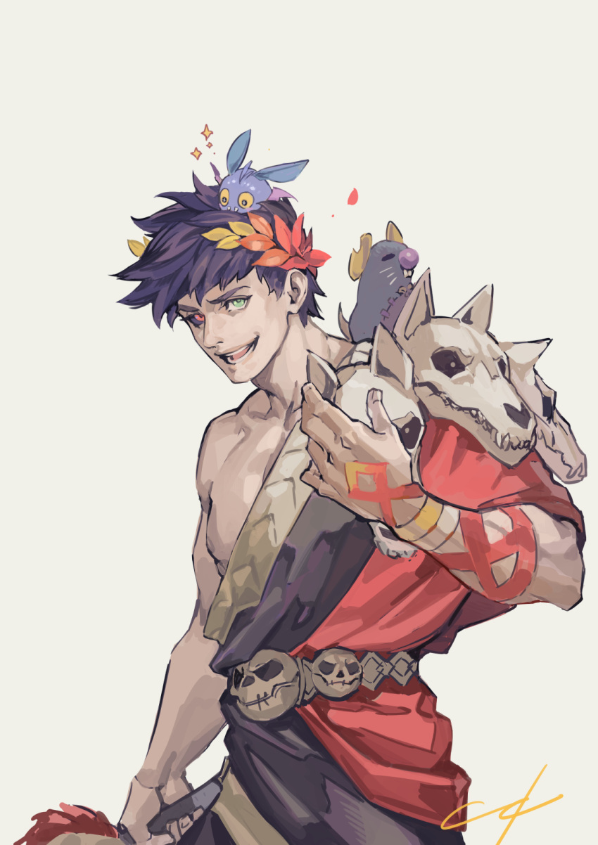 1boy, belt, black_hair, black_sclera, colored_sclera, greek_clothes, green_eyes, hades_(game), heterochromia, highres, laurel_crown, male_focus, mismatched_sclera, nishiki_areku, open_mouth, red_eyes, single_bare_shoulder, skull, smile, stuffed_animal, stuffed_bat, stuffed_mouse, stuffed_toy, zagreus_(hades)