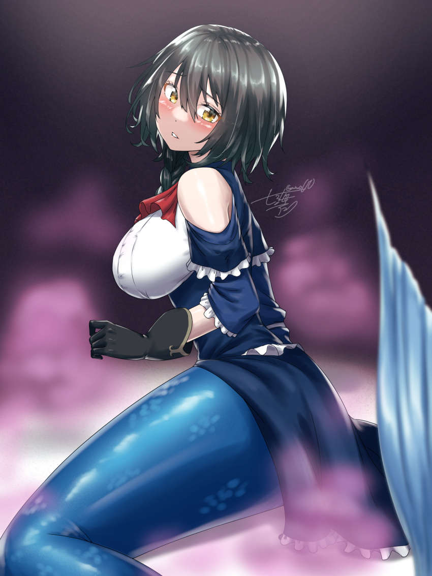 1girl, aradia_(night_of_revenge), artist_name, bare_shoulders, black_gloves, blue_cape, blue_corset, blue_jacket