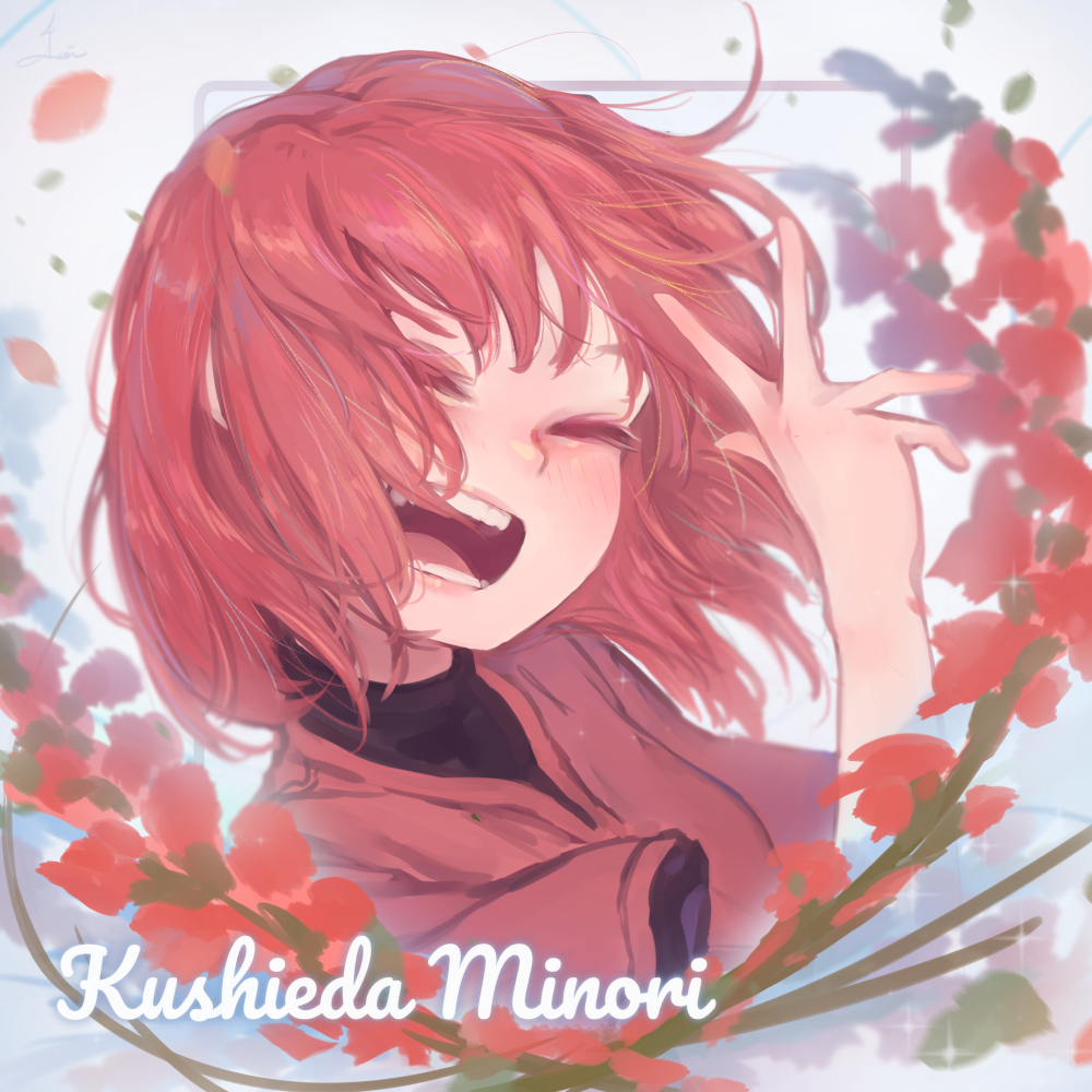 1girl, bangs, black_shirt, blush, character_name, closed_eyes, commentary, cyasha