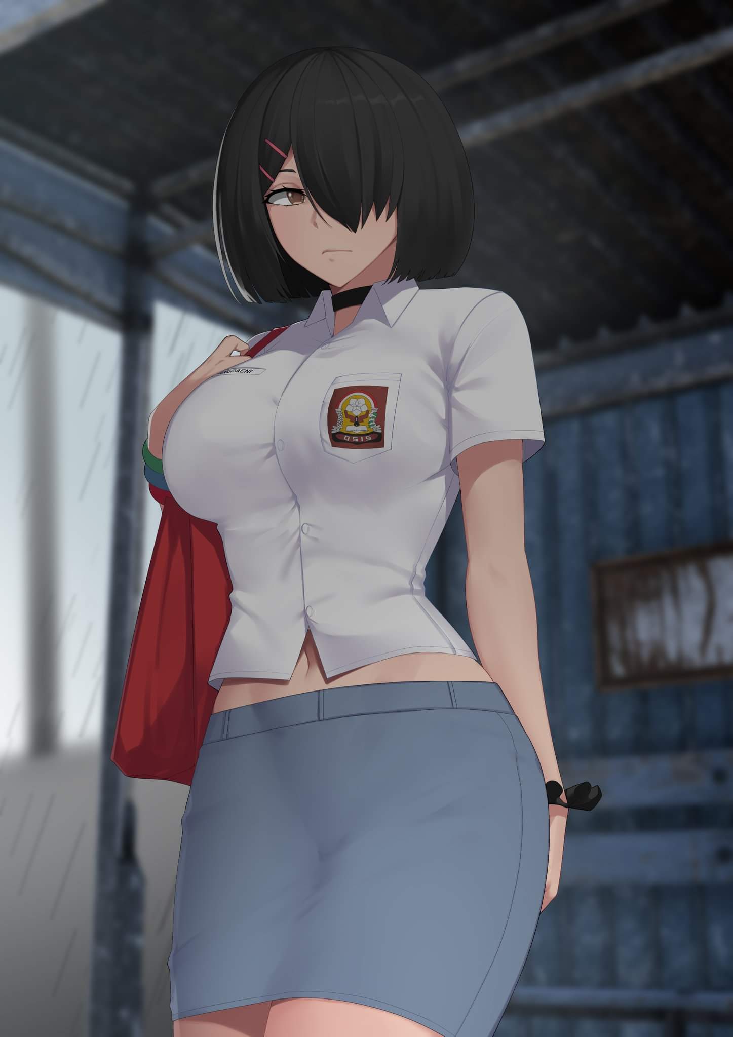 1girl, bag, bangle, black_choker, black_hair, blue_skirt, bracelet, breasts