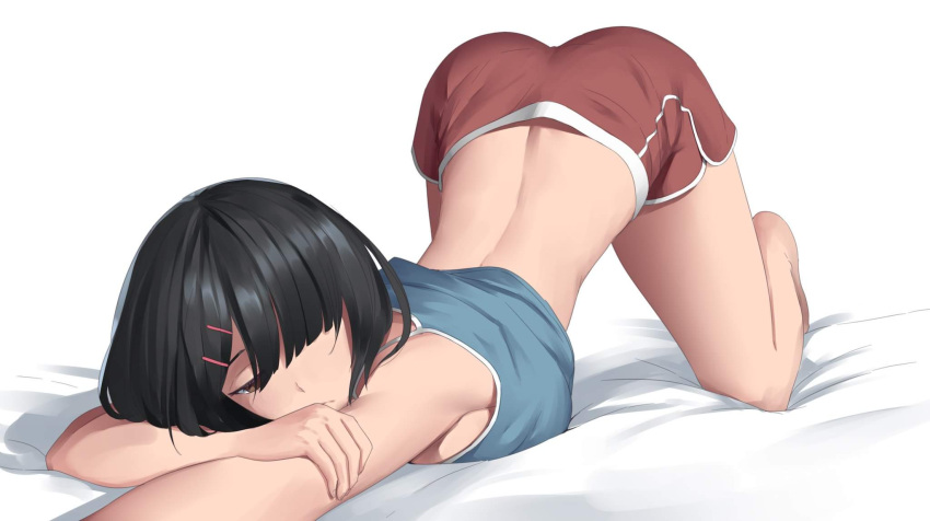 1girl, back, bad_perspective, bangs, bare_shoulders, barefoot, bed_sheet, bent_over