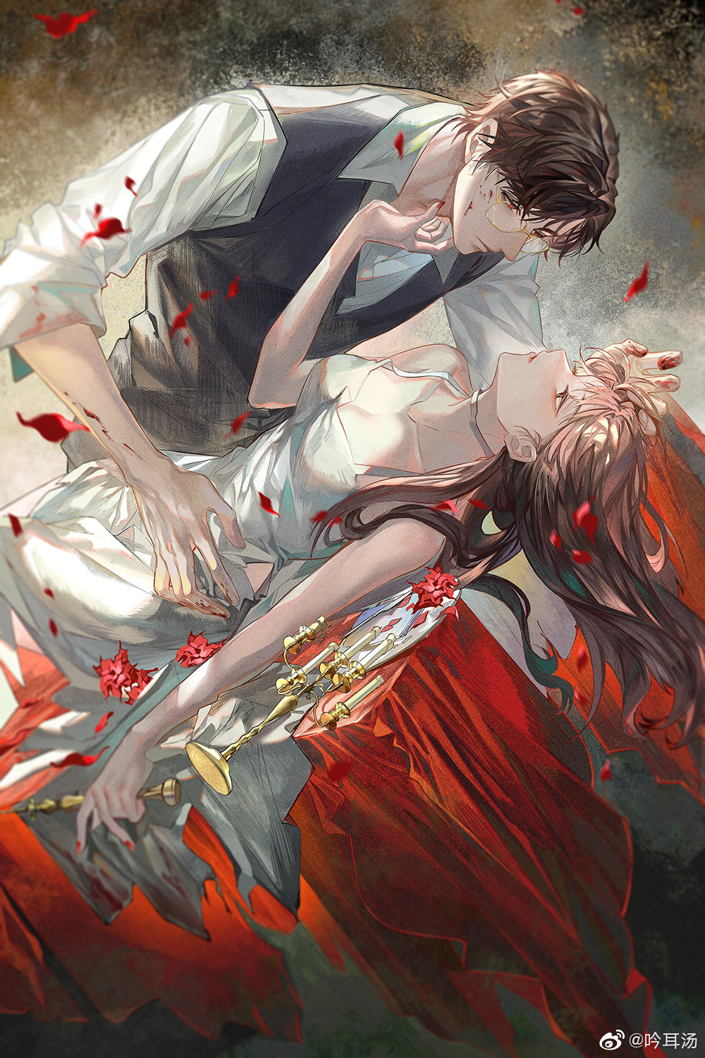 1boy, 1girl, bangs, blunt_bangs, brown_hair, candle, collared_shirt, couple