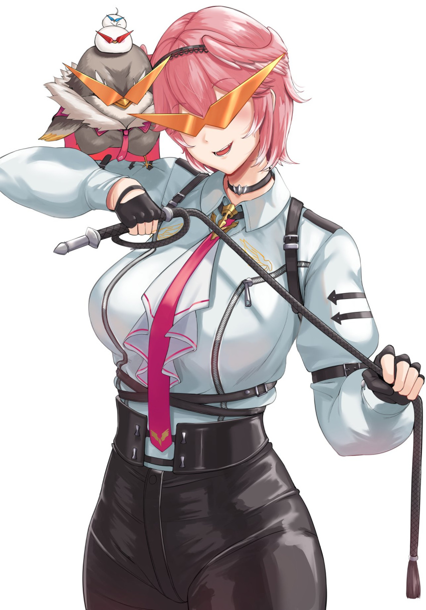 1girl, animal_on_shoulder, bird, bird_on_shoulder, black_choker, black_shorts, blush, breasts, choker, collared_shirt, frogmouth, ganmo_(takane_lui), head_tilt, high-waist_shorts, highres, holding, holding_whip, hololive, kamina_shades, large_breasts, necktie, open_mouth, pink_necktie, razzdrawing, shirt, shirt_tucked_in, short_hair, shorts, smile, solo, takane_lui, thai_commentary, tsukune_(takane_lui), tsumire_(takane_lui), virtual_youtuber, white_background, white_shirt