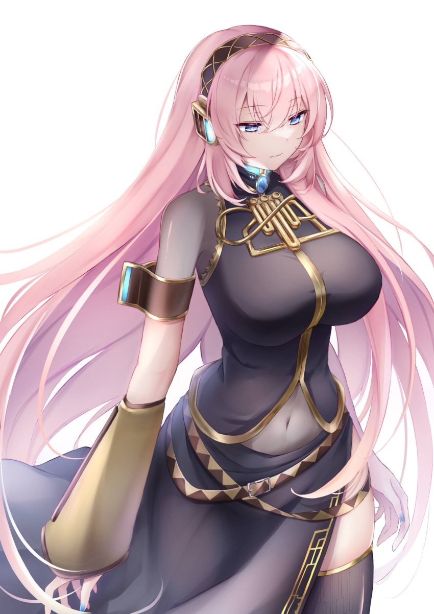 1girl, absurdres, armband, black_legwear, blue_eyes, blue_nails, breasts, closed_mouth