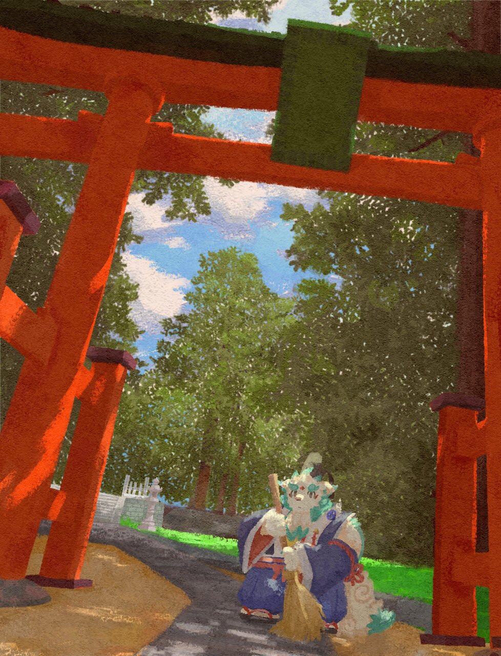1boy, agyo_(housamo), animal_ears, aqua_fur, blue_hakama, body_fur, broom, detached_sleeves, fox_boy, fox_ears, fox_tail, furry, furry_male, hakama, highres, inu_014, japanese_clothes, plump, tail, thick_eyebrows, tokyo_afterschool_summoners, torii, tree, white_fur