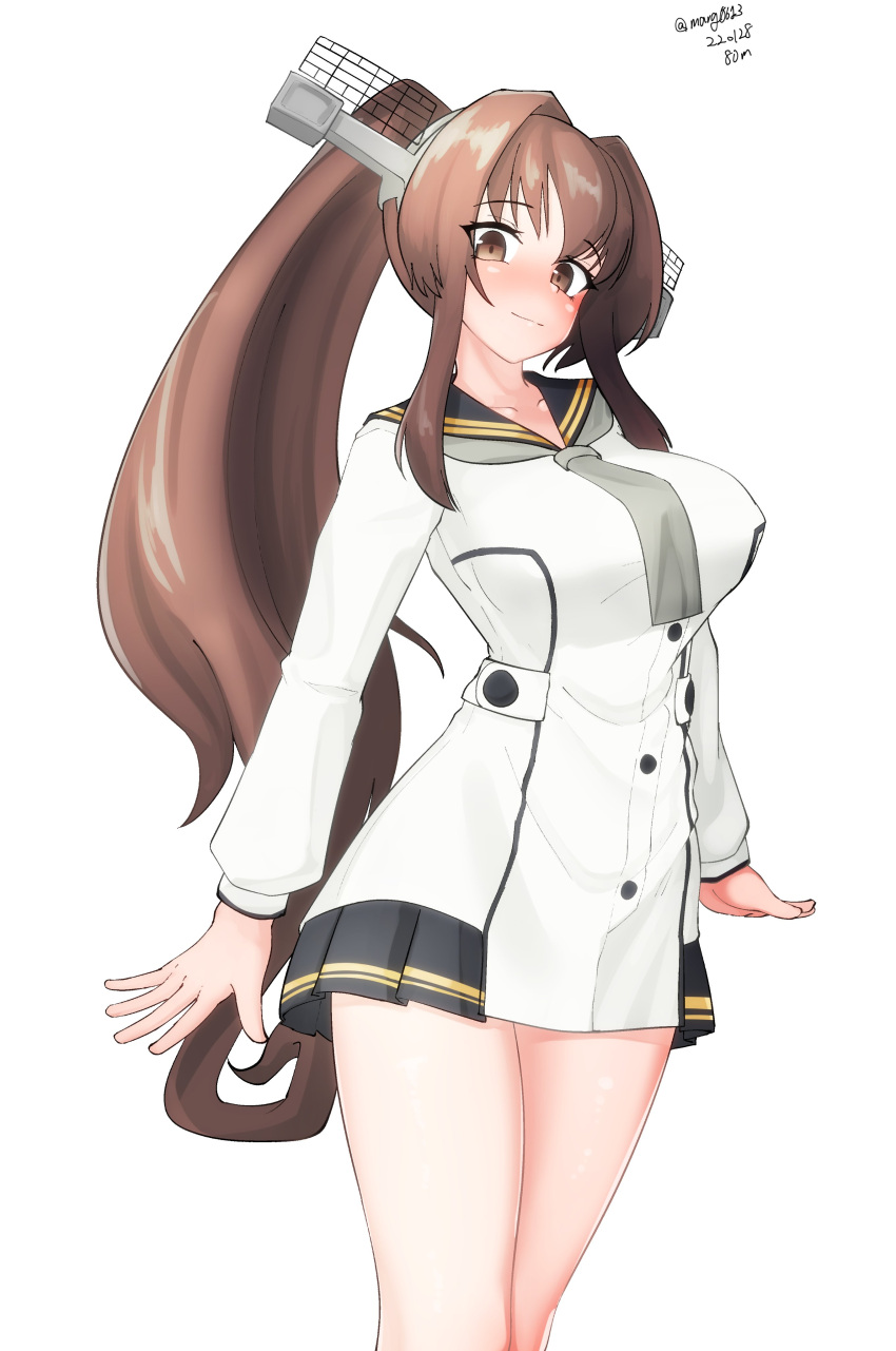 1girl, absurdres, anchor_symbol, black_sailor_collar, breasts, brown_hair, cherry_blossoms, cosplay