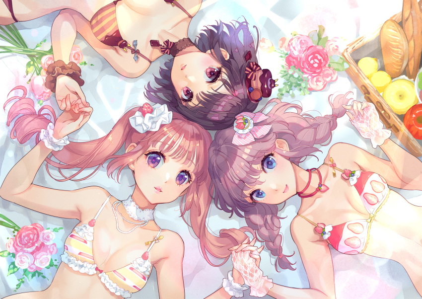 3girls, apple, bare_arms, bare_shoulders, blue_eyes, bow, bow_bra, bra