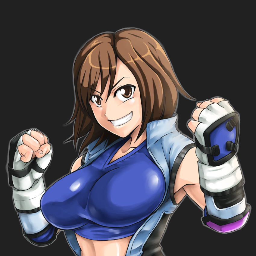 brown_eyes, brown_hair, fingerless_gloves, gloves, grin, highres, kazama_asuka, large_breasts, namco, naoyuki, short_hair, smile, tekken
