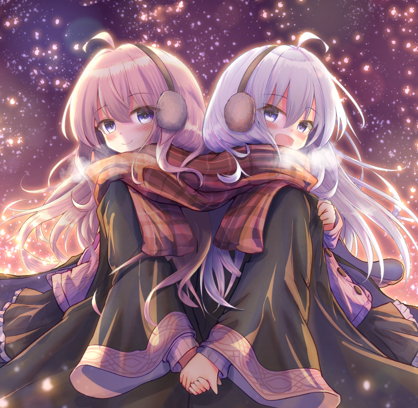 2girls, ahoge, back-to-back, bangs, black_robe, blue_eyes, cmo_2kr, earmuffs