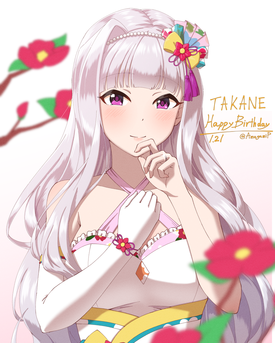 1girl, amagamip, blush, character_name, commentary_request, dress, elbow_gloves, eyebrows_visible_through_hair