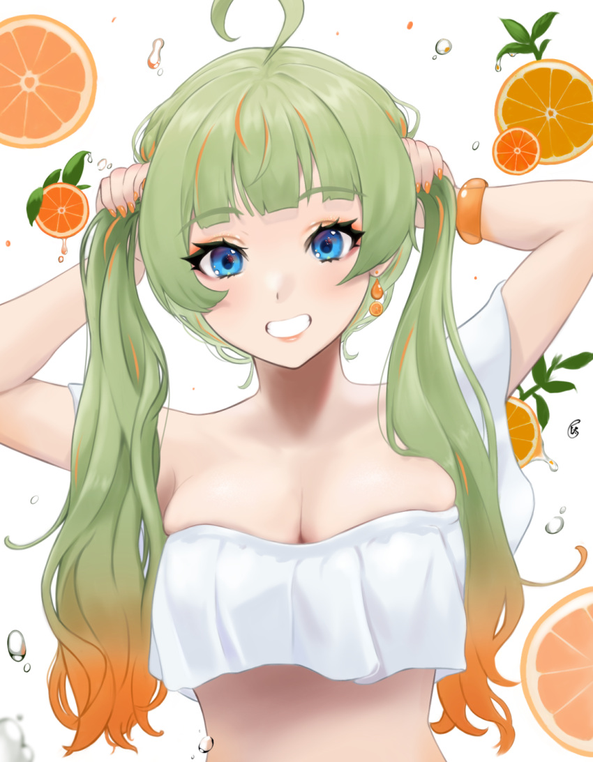 1girl, ahoge, blue_eyes, breasts, c_(theta), food, fruit, gradient_hair