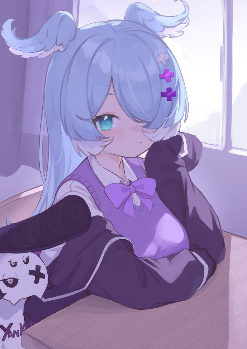 1girl, absurdres, aqua_eyes, bangs, black_jacket, blue_hair, bow, bowtie