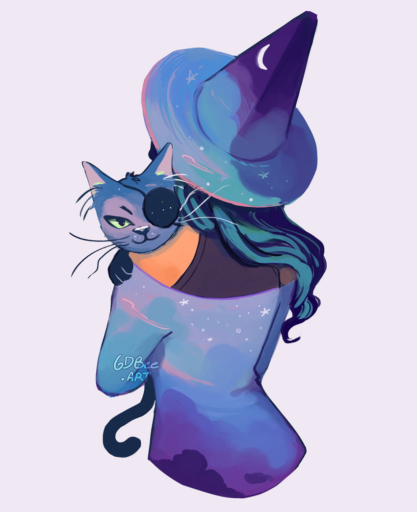 1girl, animal, artist_name, blue_hair, cat, commentary, crescent, dark-skinned_female