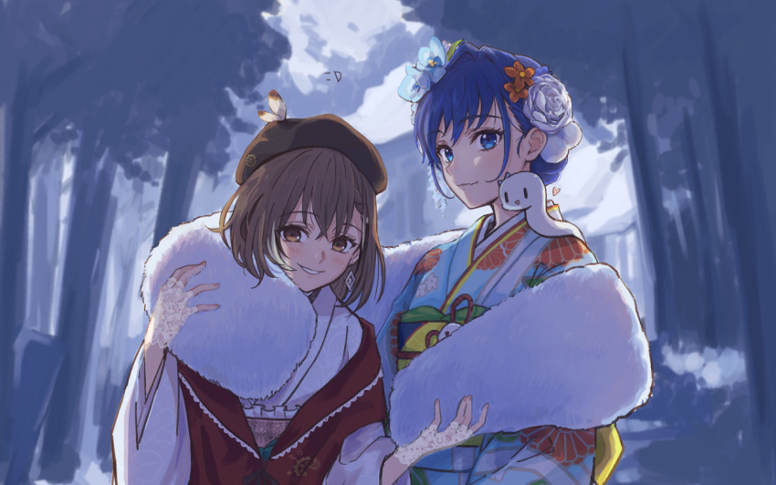 2girls, beret, blue_eyes, blue_hair, boros_(ouro_kronii), braid, brown_eyes, brown_hair