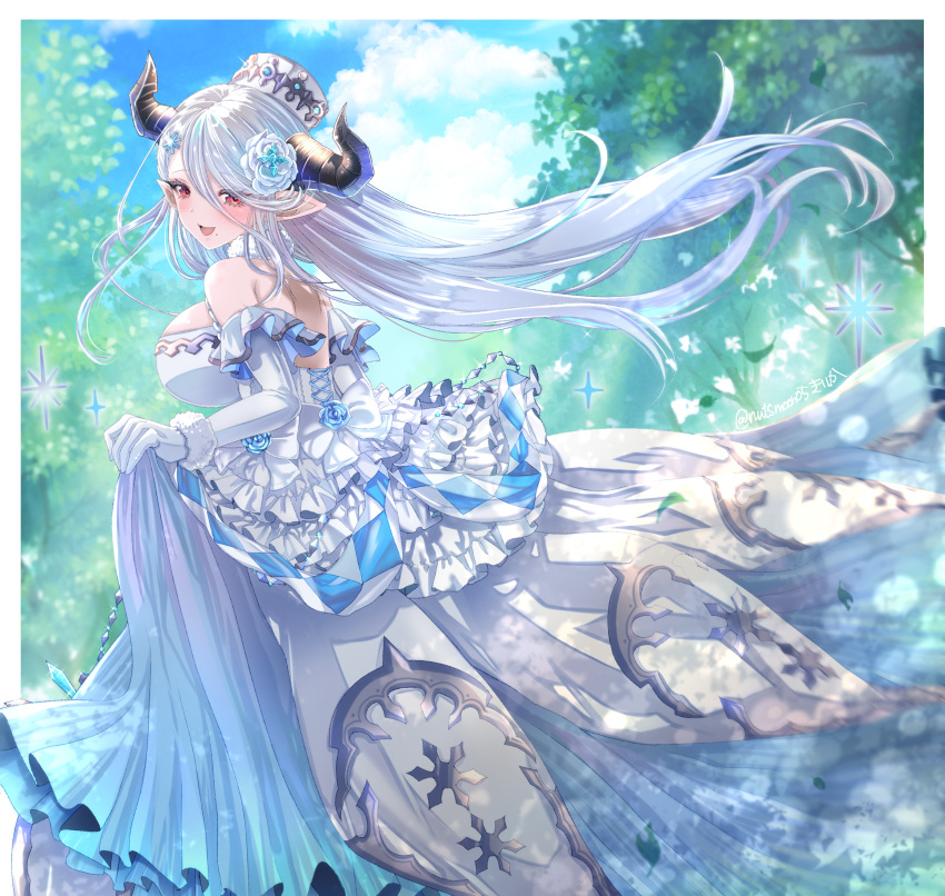 1girl, breasts, draph, dress, elbow_gloves, flower, from_behind, gloves