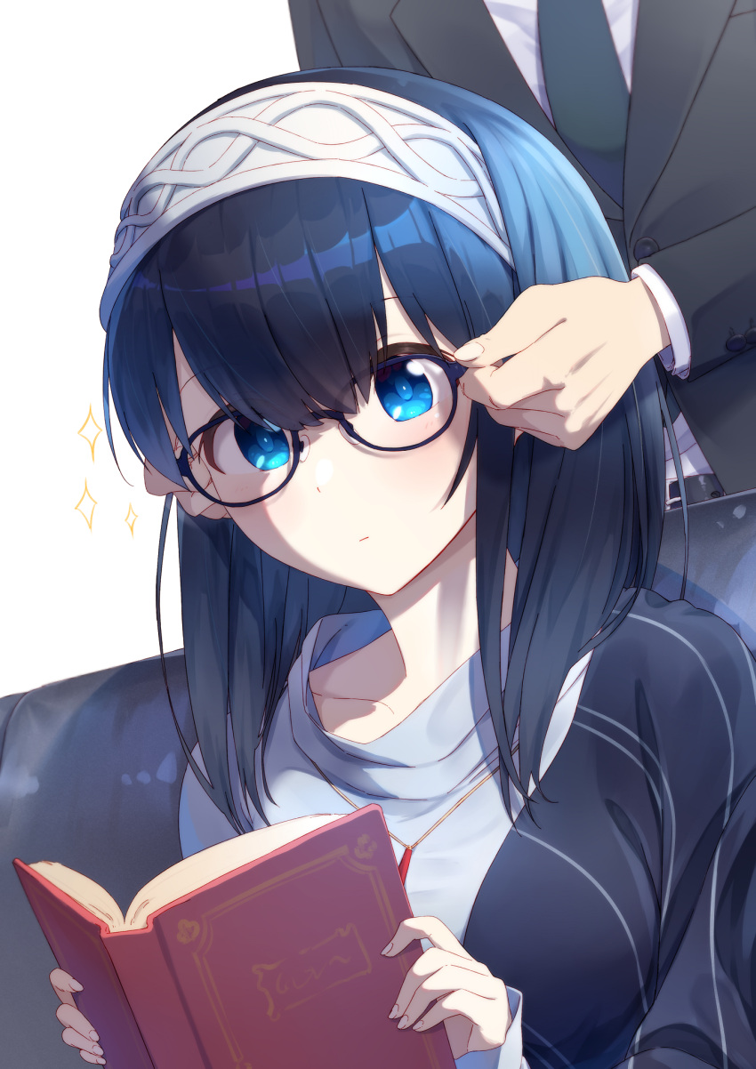 1girl, adjusting_another's_eyewear, bespectacled, black-framed_eyewear, black_hair, black_necktie, black_suit, blue_eyes