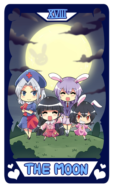 4girls, ^_^, animal_ears, asymmetrical_clothes, bangs, black_hair, blazer, blush, closed_eyes, closed_mouth, colonel_aki, commentary_request, crossed_arms, english_text, full_body, full_moon, grin, hat, houraisan_kaguya, inaba_tewi, jacket, japanese_clothes, long_hair, looking_at_viewer, moon, multiple_girls, night, nurse_cap, open_mouth, outdoors, parted_bangs, rabbit_ears, red_eyes, reisen_udongein_inaba, smile, standing, suit_jacket, tarot, the_moon_(tarot), touhou, two-tone_dress, yagokoro_eirin