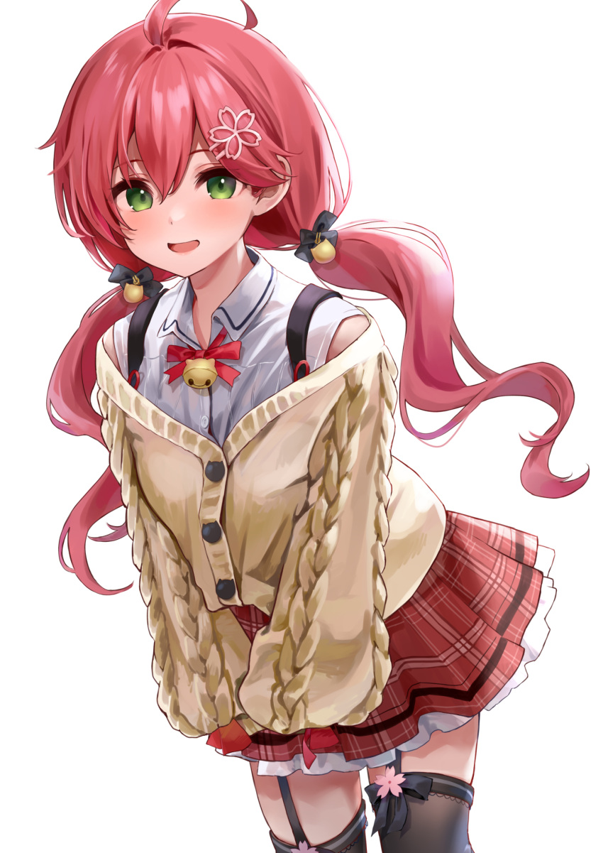 1girl, ahoge, bell, blush, buttons, green_eyes, hair_ornament, hairclip