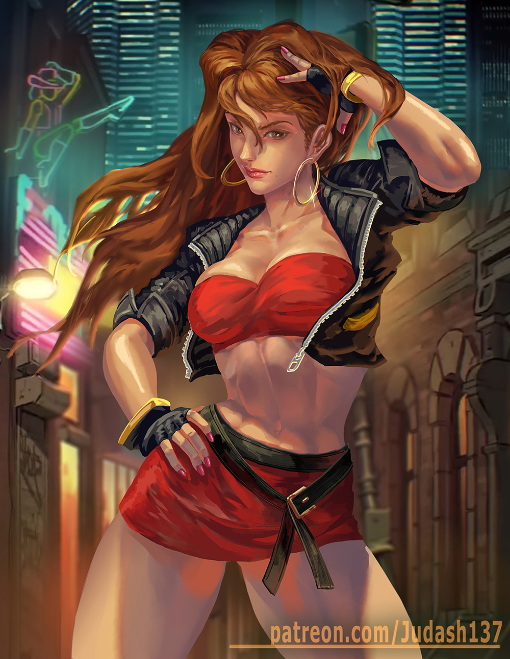 1girl, bandeau, bare_knuckle, belt, black_gloves, blaze_fielding, breasts, brown_hair