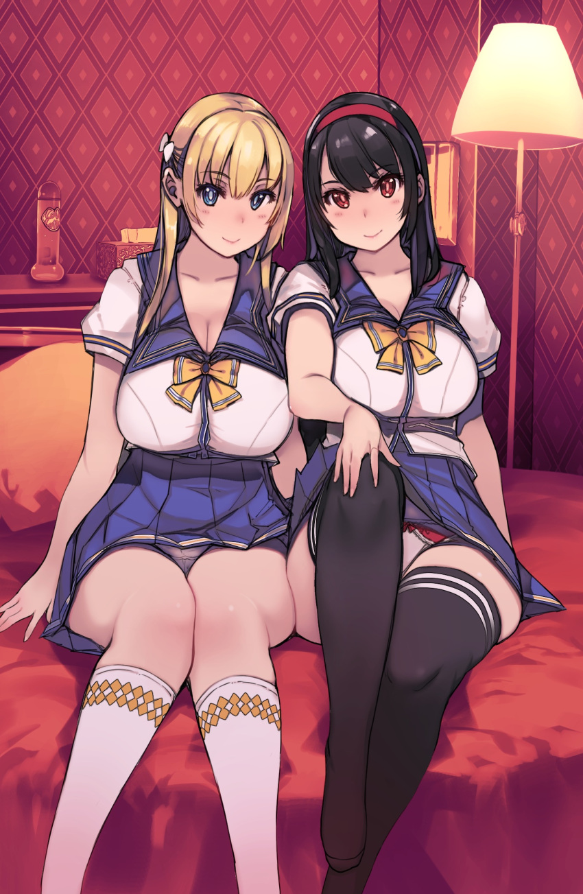 2girls, black_hair, black_legwear, blonde_hair, blue_eyes, blue_sailor_collar, blue_skirt, bow