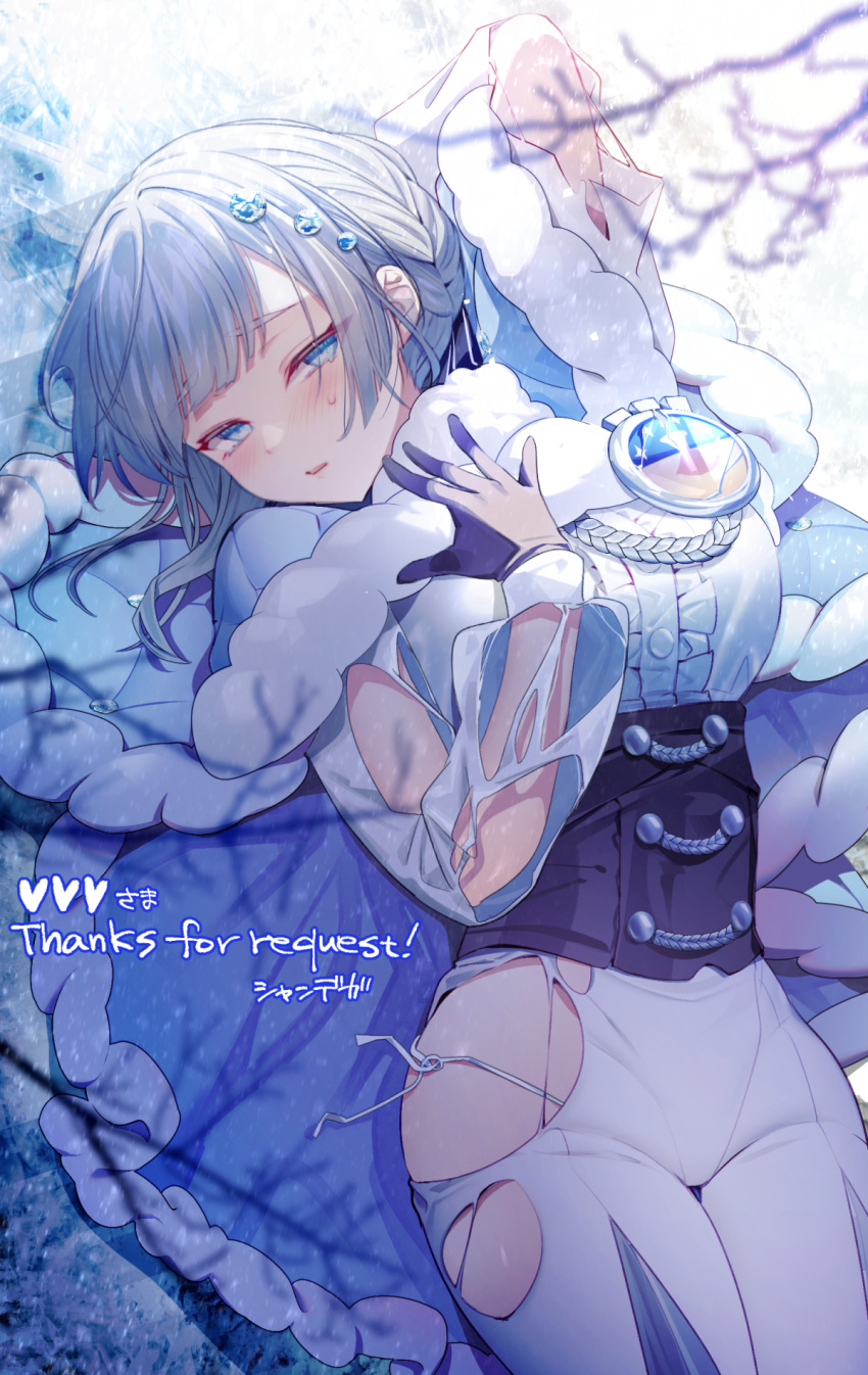 1girl, akershus_fortress_(oshiro_project), arm_up, bangs, blue_eyes, blue_theme, blunt_bangs, blush