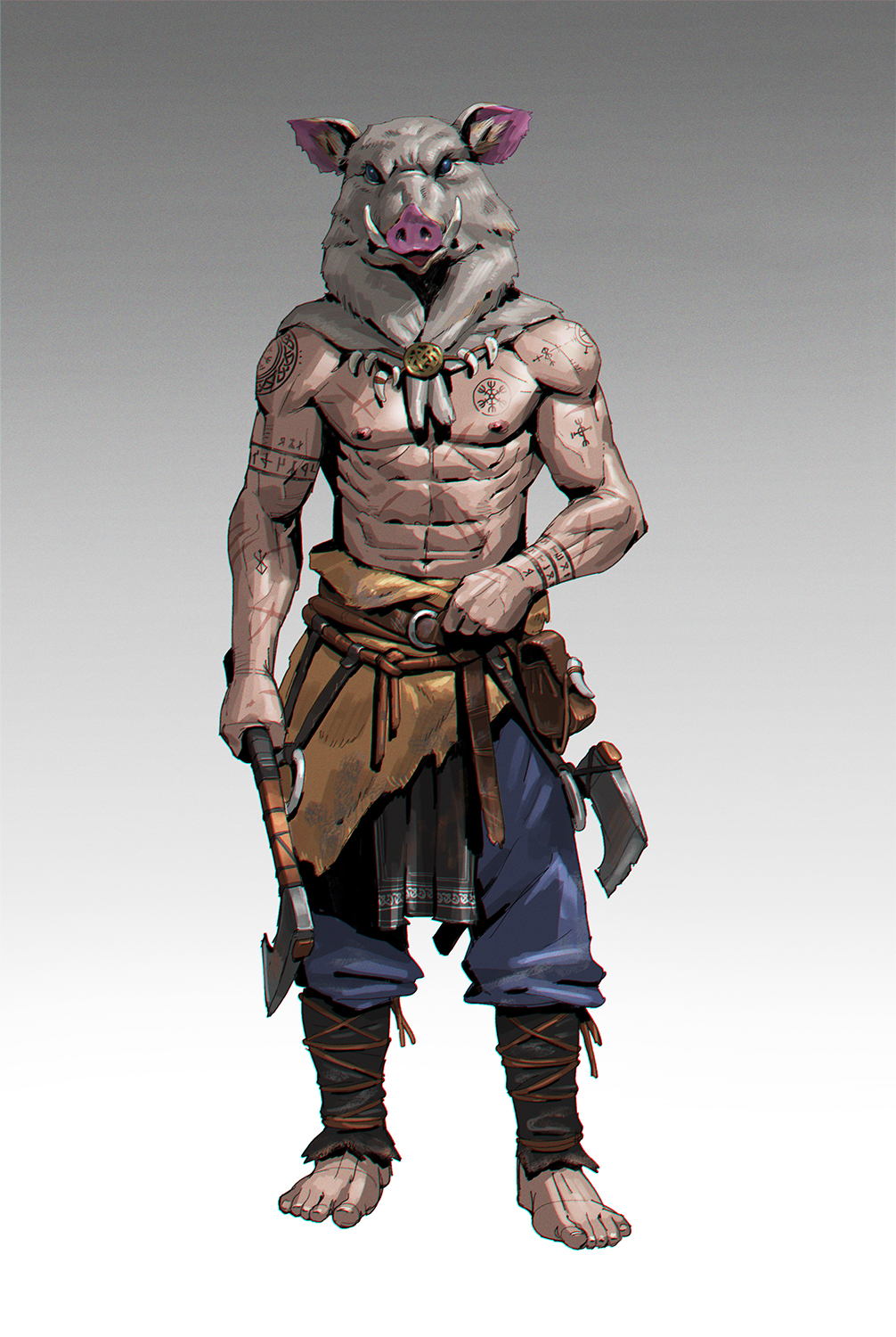 1boy, abs, ameen_naksewee, axe, barefoot, belt, blue_pants, boar_mask, brown_belt, covered_face, crossover, full_body, grey_background, hashibira_inosuke, highres, holding, holding_axe, kimetsu_no_yaiba, looking_at_viewer, male_focus, mask, muscular, muscular_male, navel, nipples, pants, pelvic_curtain, pouch, runes, scar, scar_on_chest, simple_background, solo, tattoo, the_witcher_(series), topless_male, waist_cape