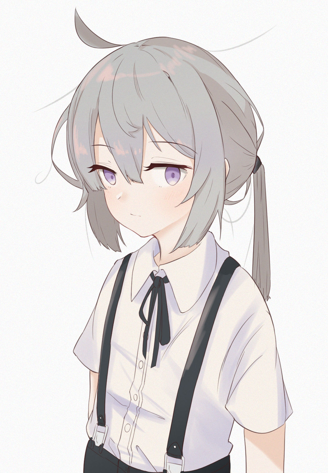 1girl, ahoge, alternate_costume, bangs, black_ribbon, buttons, closed_mouth, collared_shirt, dress_shirt, flat_chest, girls_frontline, hair_between_eyes, highres, looking_at_viewer, low_ponytail, m200_(girls'_frontline), nauwa, ribbon, shirt, short_sleeves, sidelocks, silver_hair, solo, suspenders, upper_body, violet_eyes, white_shirt