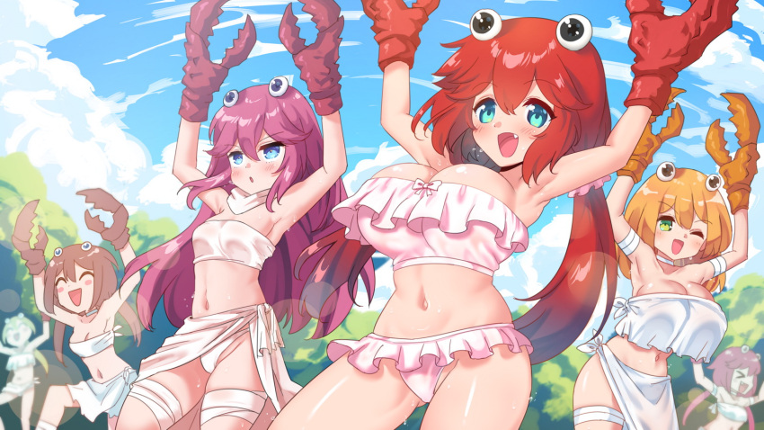 >_<, 6+girls, :d, :o, ^_^, arm_up, arthropod_girl, bandaged_arm, bandaged_leg, bandages, bikini, blue_eyes, blush, blush_stickers, breasts, brown_hair, choker, claws, closed_eyes, clouds, commentary, crab_girl, crab_rave_(meme), english_commentary, fang, frilled_bikini, frills, green_eyes, hands_up, highres, large_breasts, meme, midriff, multiple_girls, navel, original, outdoors, personification, purple_hair, rayno, redhead, sarong, scarf, side-tie_bikini, small_breasts, smile, strapless, strapless_bikini, sweat, swimsuit, thigh_gap, tree, twintails, upper_body, white_bikini, white_sarong