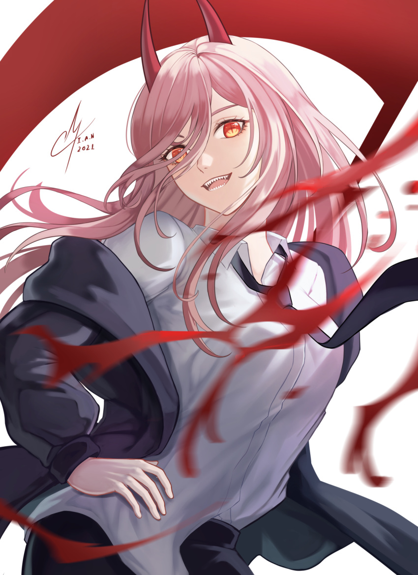 1girl, 2021, :d, black_necktie, chainsaw_man, collared_shirt, danielian1993, dress_shirt